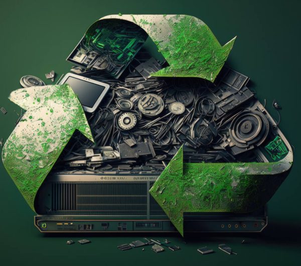 Green technology recycling center with machines sorting electronic waste, generative ai